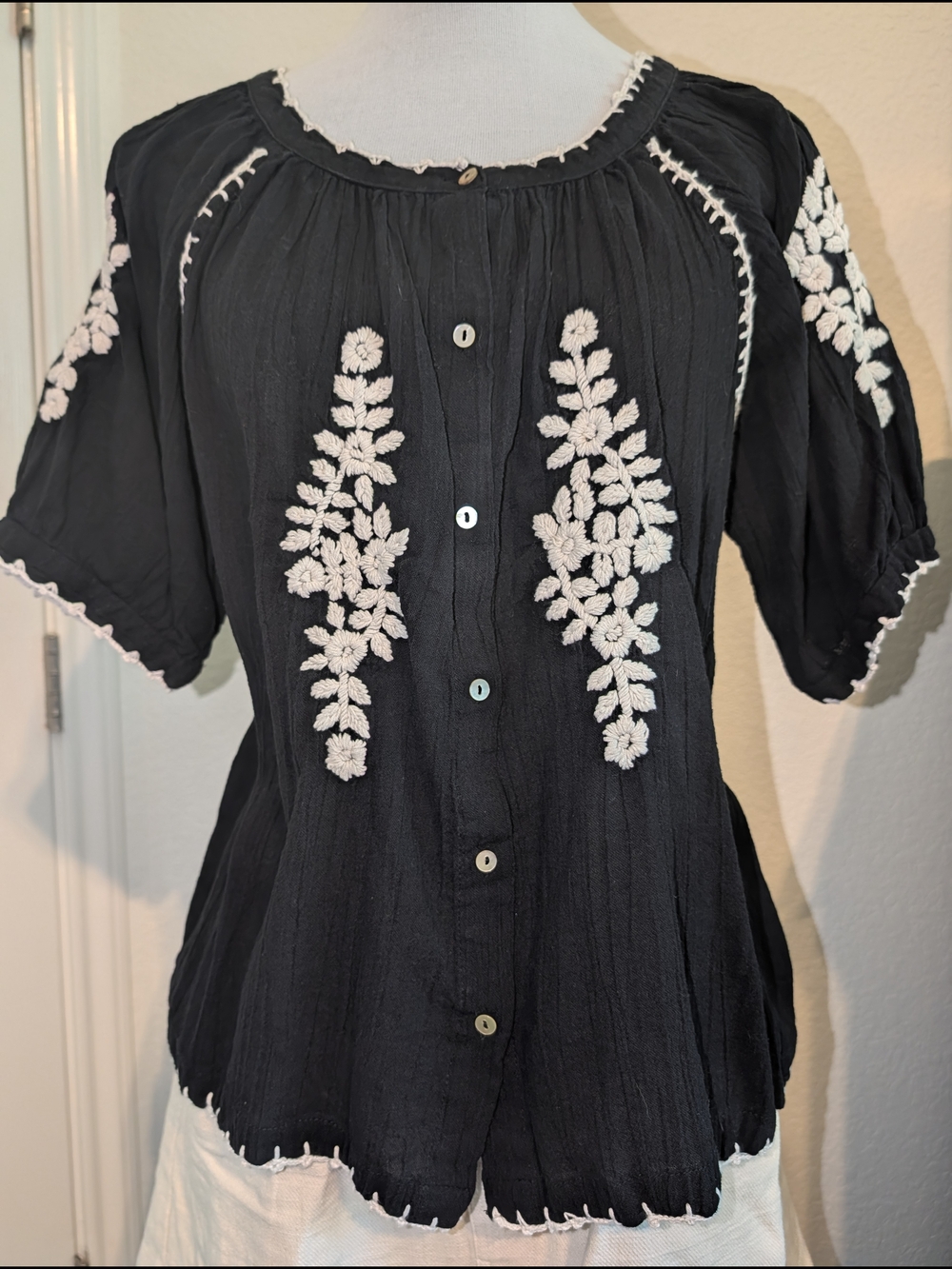 Karen Kane Cotton Blouse with White Floral Embroidery